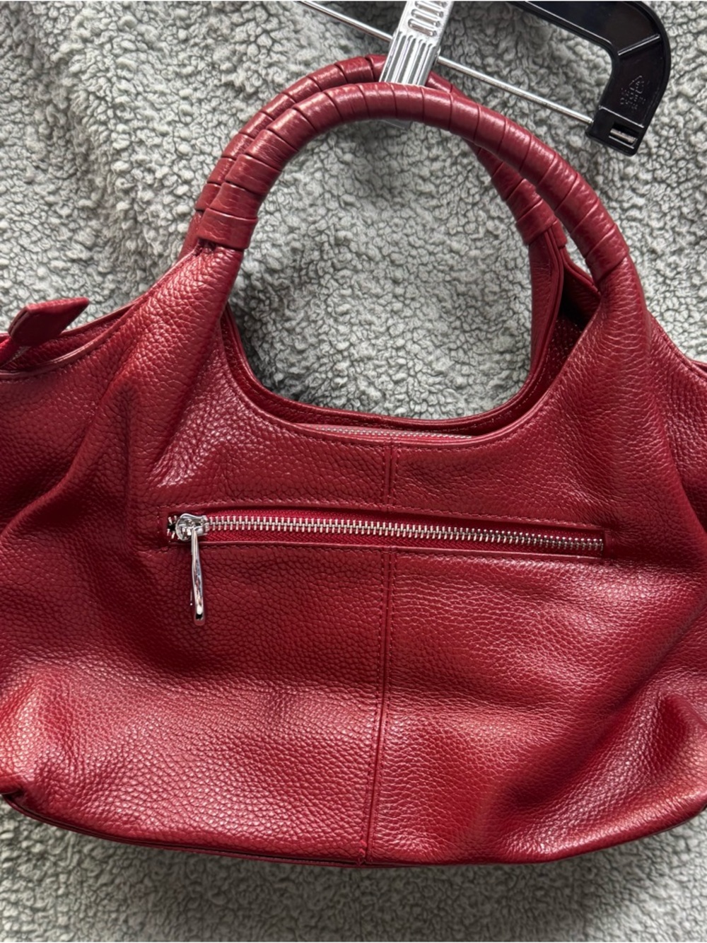 Red Pebbled Leather Shoulder Bag with Wrapped Top Handles